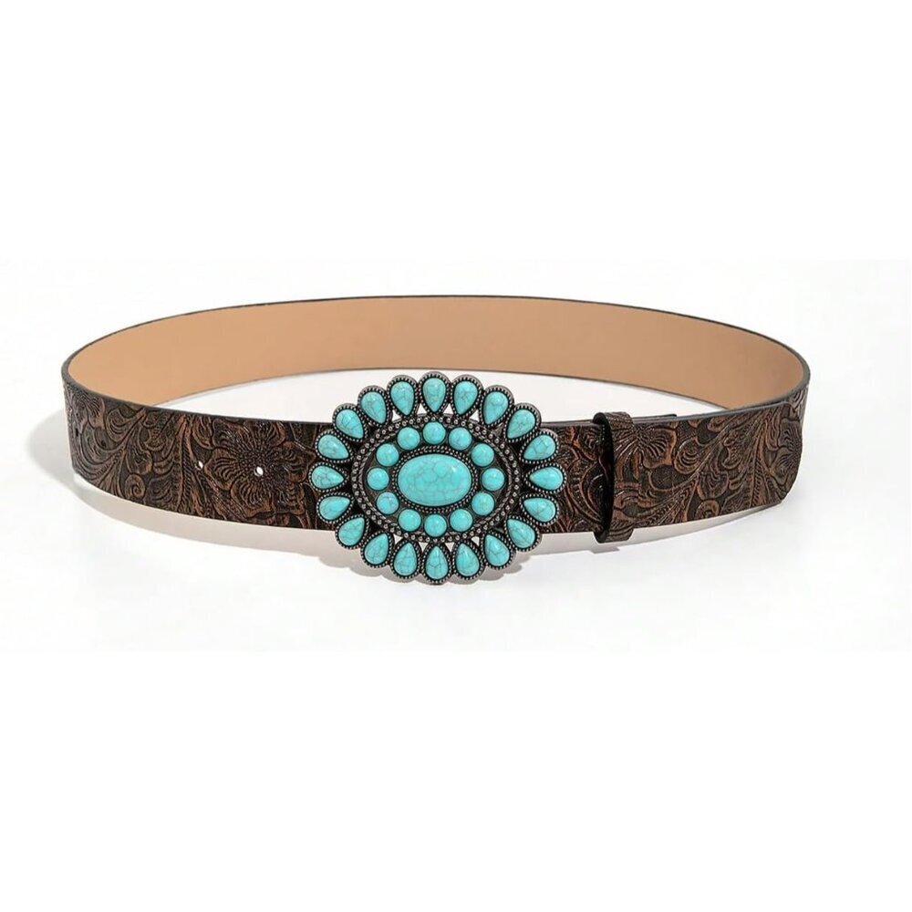 Women's Faux Leather Western Belt Turquoise Buckle Casual Dress Accessory - Picture 2 of 5